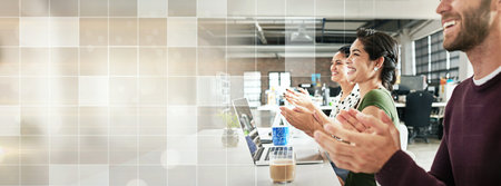 Business people, applause and teamwork in a meeting, celebration and positive feedback for proposal,...