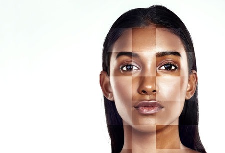 Portrait, beauty and skincare transformation with a woman in studio isolated on white background....