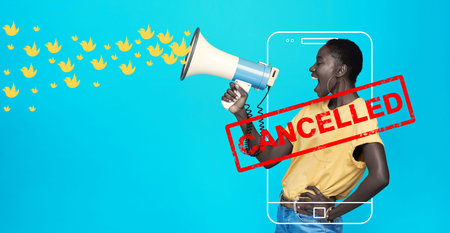 Megaphone, censored or woman shouting on social media on blue background for change in studio....