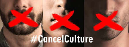 Mouth, overlay and cancel culture with silence, people and group in closeup, crime and justice. Men,...