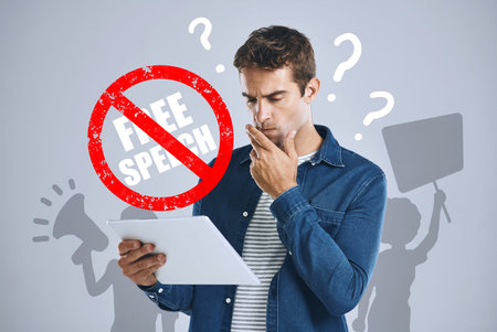 Censored, policy or man with legal paperwork in protest with announcement or voice on grey...