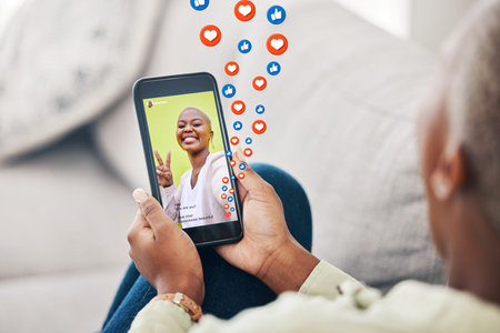 Phone screen, hands and person with social media emojis, icons and watch video, app post or...