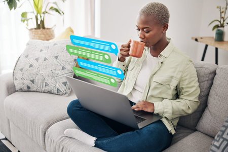 Coffee, message notification or black woman on laptop for communication, social media or online...