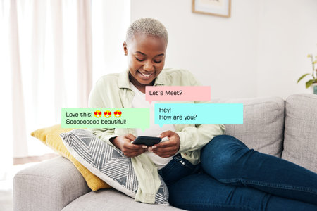 Text, overlay and black woman with phone on a sofa for online dating, social media or chat in her...