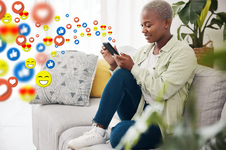 Woman, phone and emoji icon for social media on home sofa for connection, content or platform....