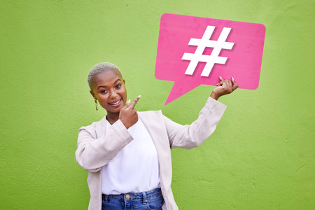 Portrait, pointing and black woman with a hashtag speech bubble for social media. Contact, African...