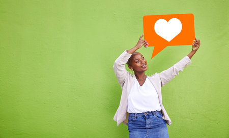 Speech bubble icon, black woman or social media heart emoji for love feedback, sms notification or...