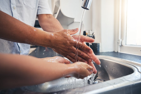 Clean, hands and people with water in home and learning about hygiene, wellness and washing with soap in kitchen. Hand, cleaning and care for health, safety and protection from bacteria or virusの写真素材