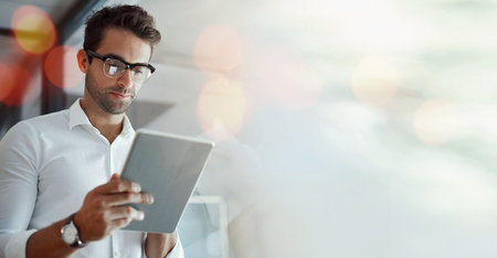 Banner, tablet and businessman in office with mockup, bokeh and online business communication for...