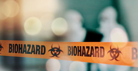 Warning, tape and danger, biohazard and health, infection and barrier with bokeh, blurred background and science. Caution, biology and threat with medical crisis, safety with protection and toxicの写真素材