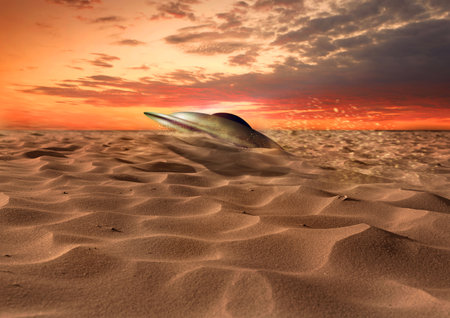 UFO, travel and sand with spaceship, galaxy mission and fantasy with mystery, futuristic or contact. Science fiction, alien or universe with machine, flying saucer or discovery with glow or transportの写真素材
