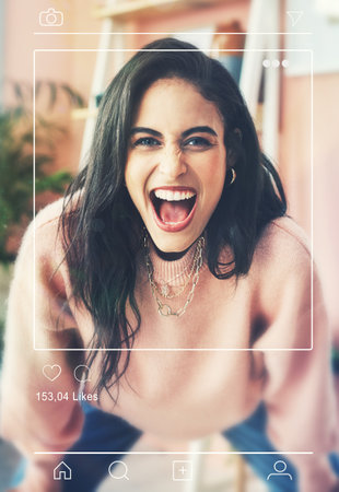 Excited scream, woman portrait and social media app overlay of influencer face and photography for website. Frame, internet and graphic with home page of profile and software with screen displayの写真素材