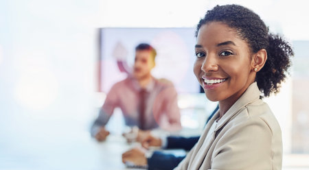 Portrait, business or black woman with a smile, banner or professional with confidence, success or...