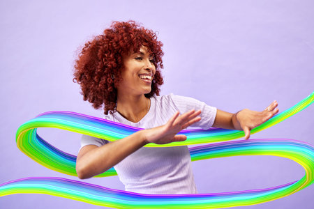 Woman, color or hologram with dancing, motion or celebration on a purple studio background. Person,...