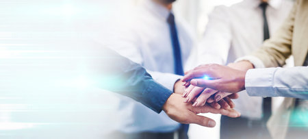 Mockup, teamwork and business people with stack of hands for support, mission and growth....