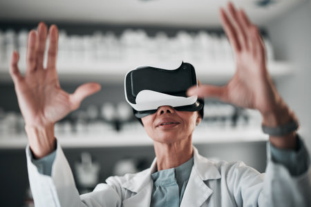 Virtual reality glasses, woman and medical with research, data and scientist with augmented reality. Person, researcher and doctor with VR eyewear, futuristic or healthcare metaverse in a laboratoryの写真素材