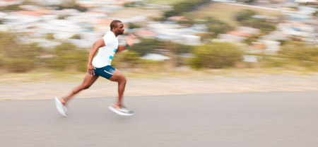 Fast, road and a black man running for cardio, exercise and training for a marathon. Sports, health...
