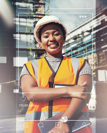 Social media, post and portrait of black woman, architect at construction site with frame,...