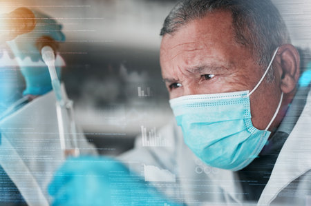 Medical, research or man with test tube, hologram or mask with vaccine, chemistry and futuristic. Senior person, researcher or expert with gloves, future and holographic with biotechnology or scienceの写真素材