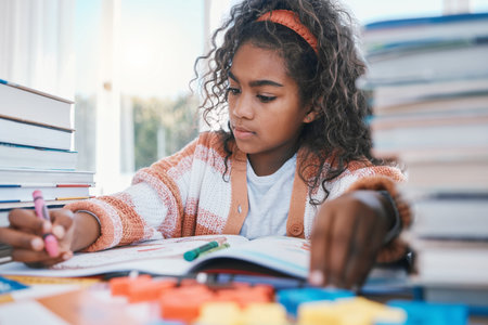 Art, homework and child coloring in a book for artistic project, assignment or fun. Crayon,...