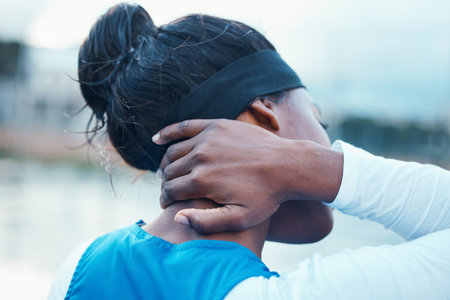 Black woman, hand and neck pain in sports injury, accident or emergency from outdoor exercise. Closeup of African female person with spine ache, inflammation or tension from workout, training or runの写真素材