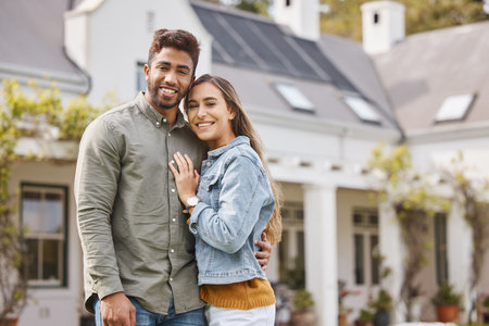 Portrait, smile of couple and outdoor at new home, bonding and having fun together. Love, happy man and woman by house in relationship, support and connection for moving in to real estate propertyの写真素材