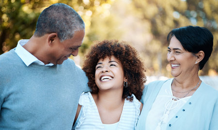 Love, happy and woman with senior parents in an outdoor park for adventure, holiday or weekend trip....