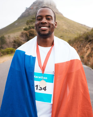 Winner portrait, flag and black man, fitness runner and marathon champion of challenge, outdoor...