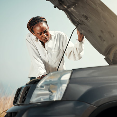 Confused, broken car and black woman in the road with stress for engine problem or emergency....