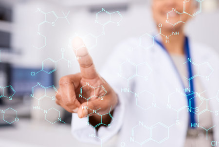 Hand, press screen and chemistry formula, overlay and person in laboratory with science and...