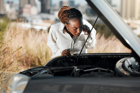 Phone call, stress and black woman fixing car in the road with frustration for engine problem...