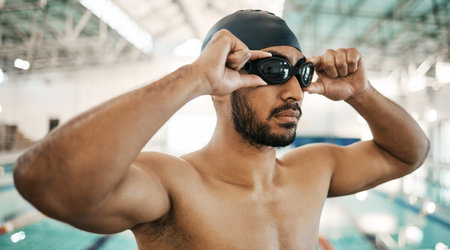 Getting ready, man and goggles for swimming training, competition or a race in the pool. Fitness, gym and an athlete or swimmer with glasses to start exercise, workout or cardio in a triathlonの写真素材