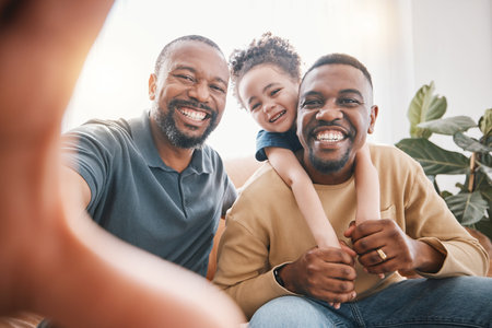 African father, son and generations with selfie, portrait and smile with young kid, care and memory...