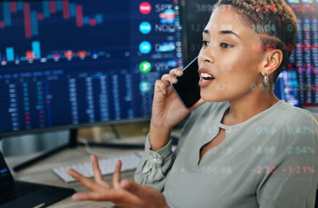 Business woman, phone call and broker consulting stock market trends, advice or discussion at...