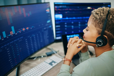 Business, computer screen and woman with investment, headphones and connection with data analysis....