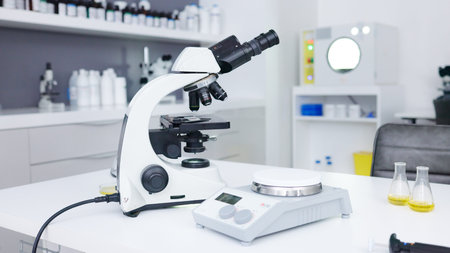 Backgrounds, science scale and microscope in laboratory for innovation, medical research or...