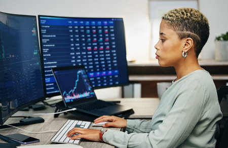 Laptop, stock exchange and business woman analysis of company equity data, trade accounting...