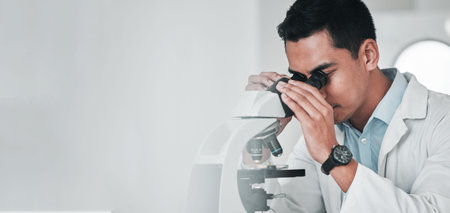 Microscope, science and banner of man in laboratory for research, analysis and studying genes,...