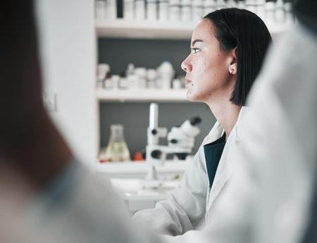 Thinking, medical and woman with research, solution and problem solving with chemistry, healthcare...