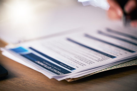 Person, hands and writing on divorce documents, application or information on table or office desk....
