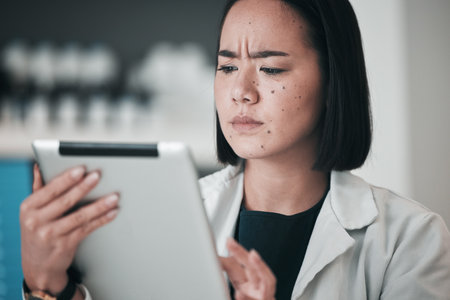 Tablet, pharmacy and confused Asian woman in laboratory for website, wellness app and telehealth. Healthcare, pharmaceutical and worker on digital tech for medical service, medicine and researchの写真素材