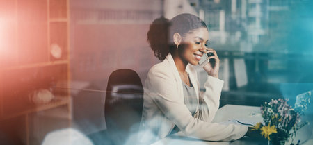 Business, phone call and black woman in international communication with client for networking, b2b...