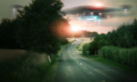Road, UFO or spaceship with galaxy mission, countryside or planet with travel, alien transport or extraterrestrial. Craft, nature or trees with light beam, universe or science fiction with innovationの写真素材