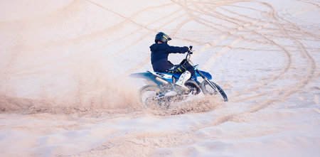 Dirt, sand or athlete driving motorbike for action, adventure or fitness with performance or...