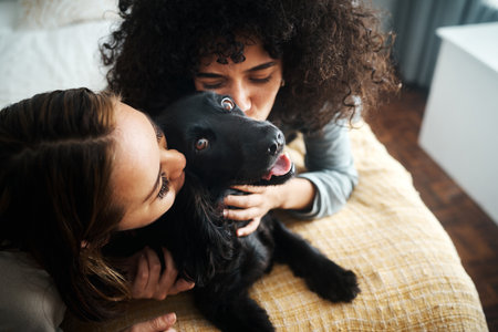 Love, women and dog with kiss on bed in bedroom of family home for fur puppy, pet and happiness indoor. Labrador, animal and people together in room with cuddling and care for bonding and loyaltyの写真素材