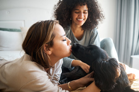 Dog, bed and gay couple kiss in home, morning and relax together in house. Pet, bedroom and happy...