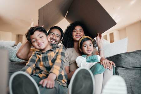 New home, family and portrait with cardboard box for moving, mortgage and property purchase. Living...