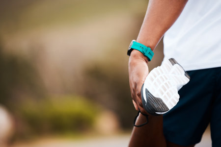 Nature, mockup or runner stretching legs, ready to start running a race in sports training. Fitness space, wellness or athlete person in warm up for workout, practice or exercise in Texas, USAの写真素材