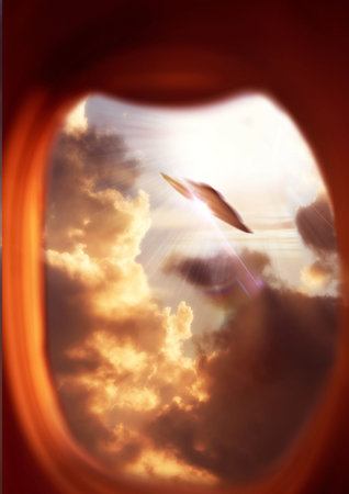 Travel, alien and a ufo from the window of a plane flying in the sky during a space mission or...