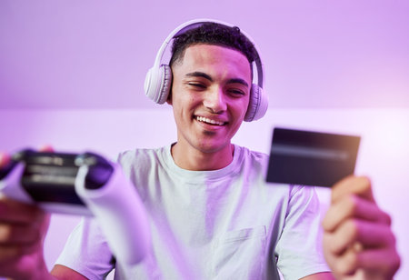 Esports, credit card and man with video game ecommerce for purchase with controller in virtual...